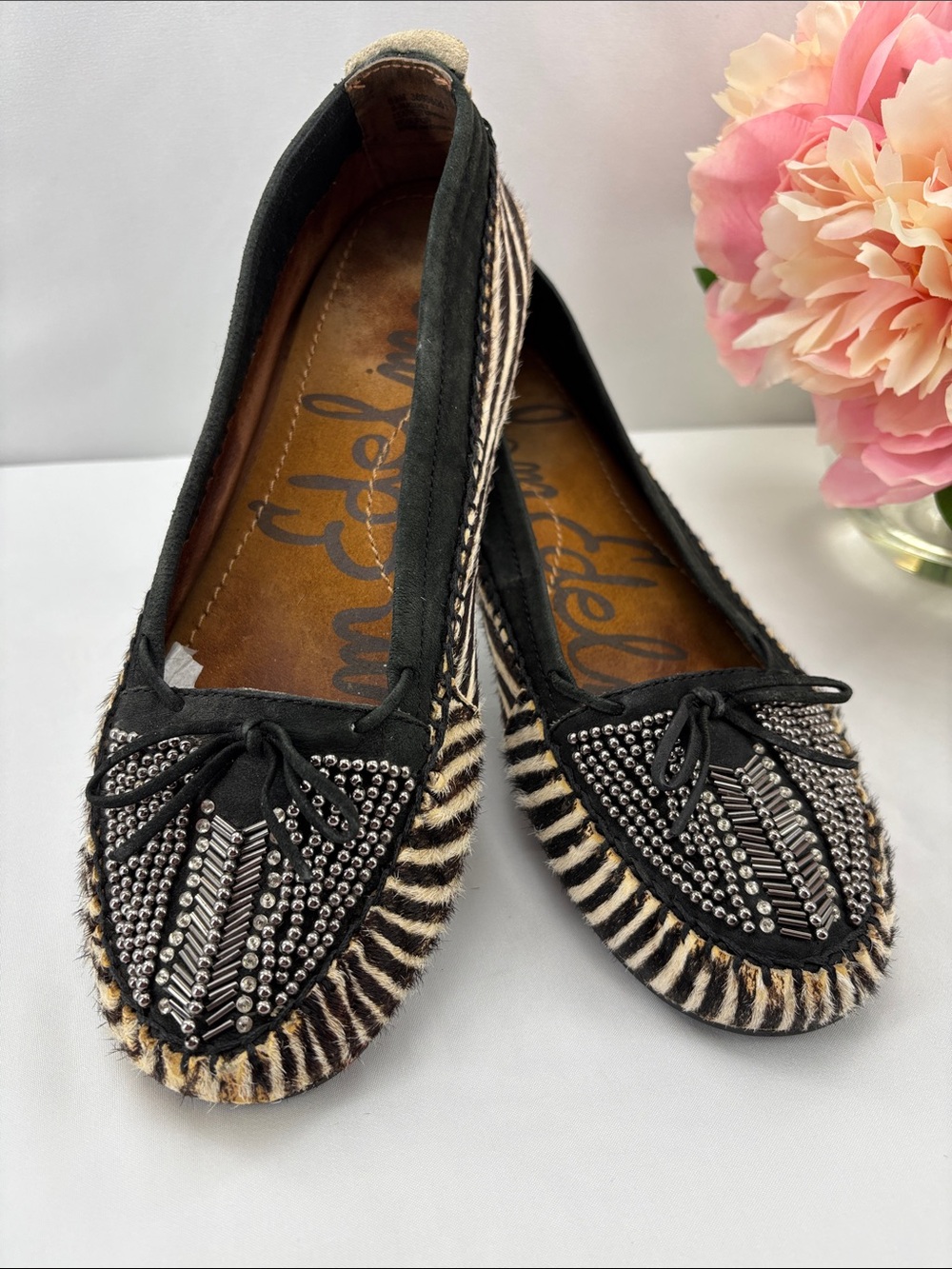 Sam Edelman Womens 8.5 Black & Cream Zebra-Print Studded Ballet Flats #733 - Picture 7 of 15